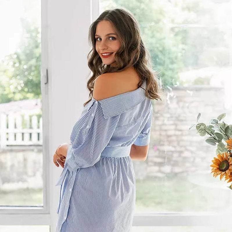 Blue Striped A-Line Dress - CELESTIA