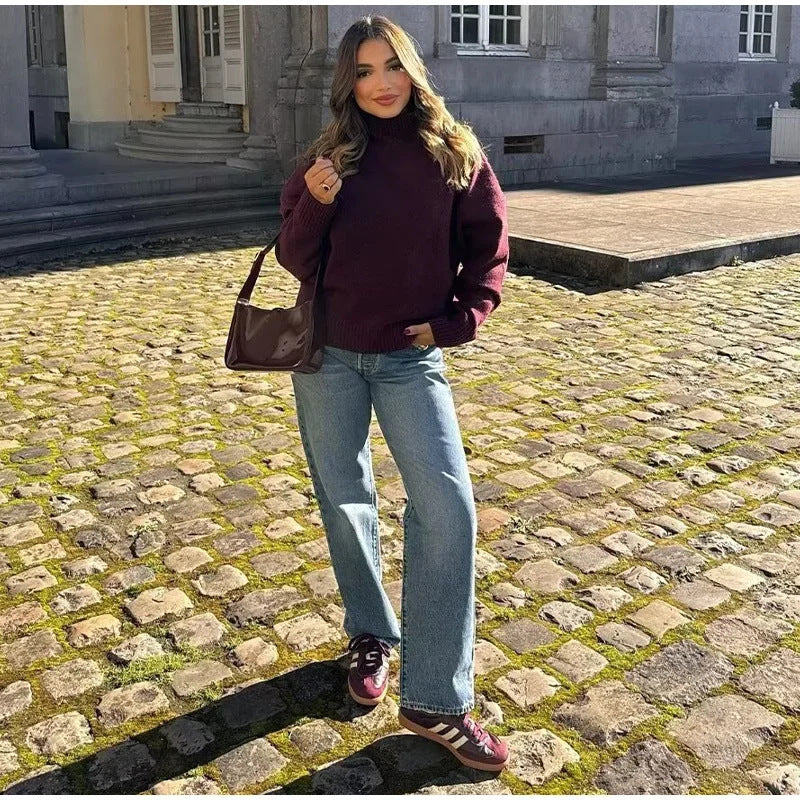 Wine Red Turtleneck Sweater - CELESTIA