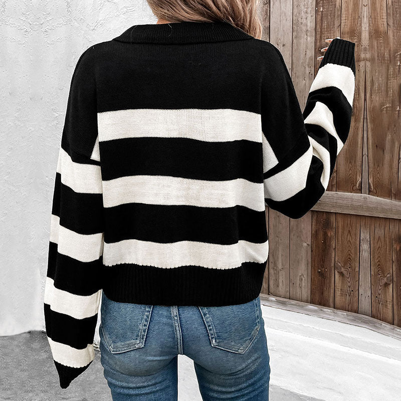 Striped Polo Collar Sweater - CELESTIA
