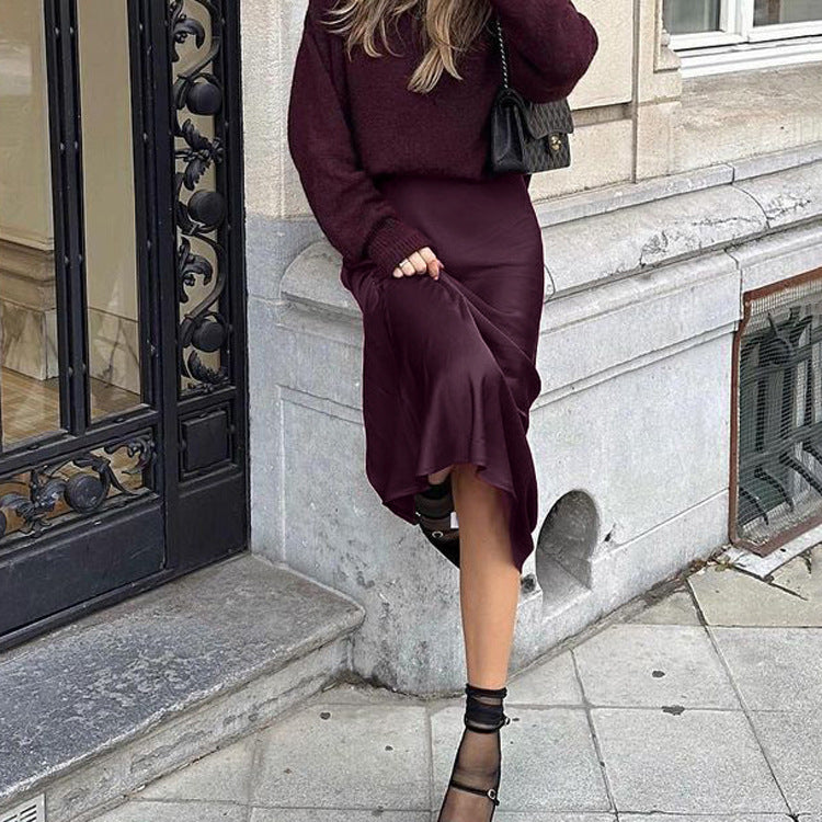 Classic Wine Red Long Skirt - CELESTIA