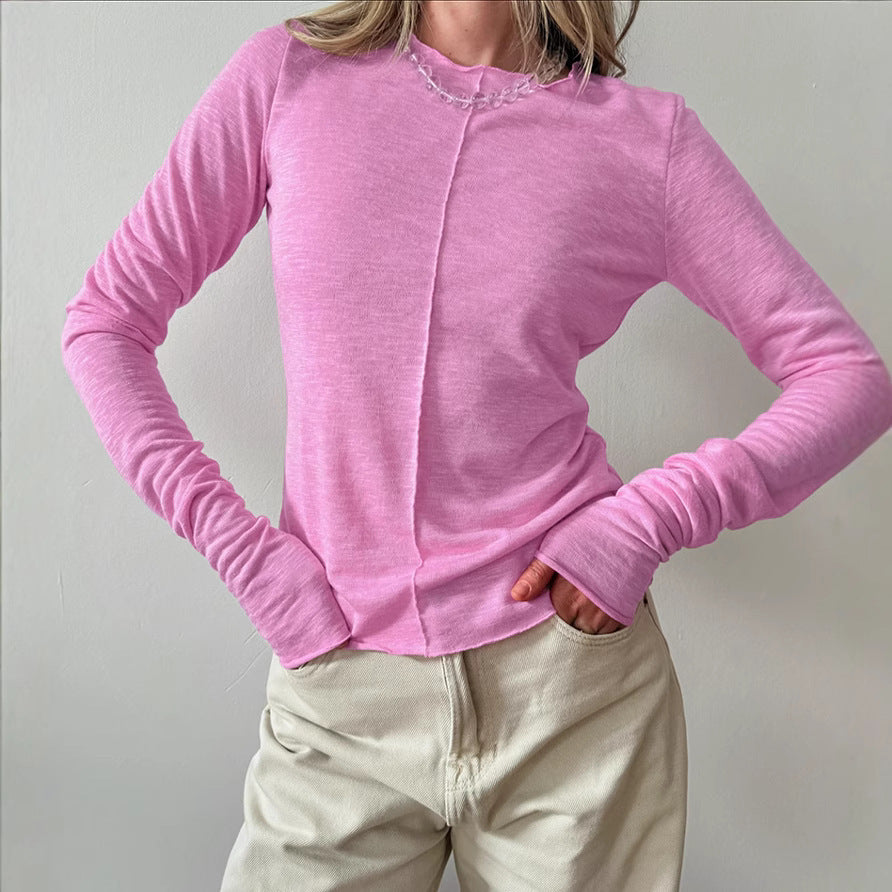 Round Neck Cotton Blend Pullover - CELESTIA