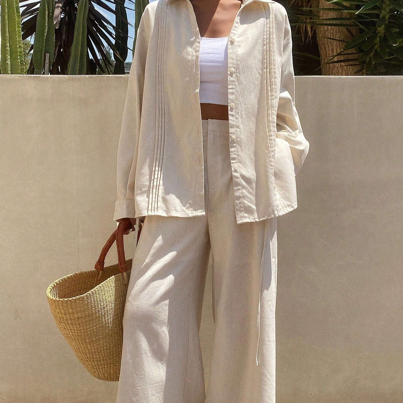 Women's Summer Solid Color Pleated Shirt And Wide Leg Pants - CELESTIA