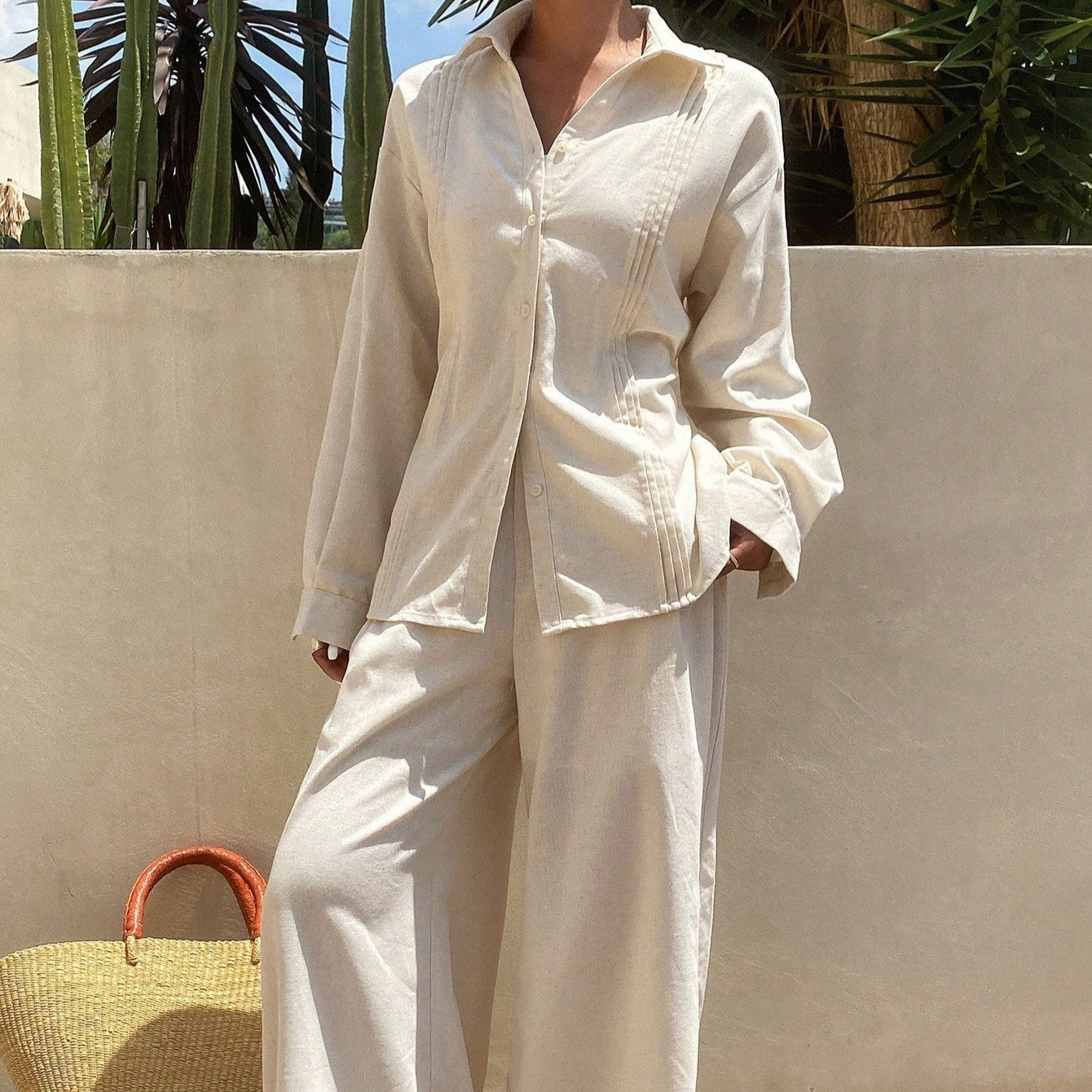 Women's Summer Solid Color Pleated Shirt And Wide Leg Pants - CELESTIA