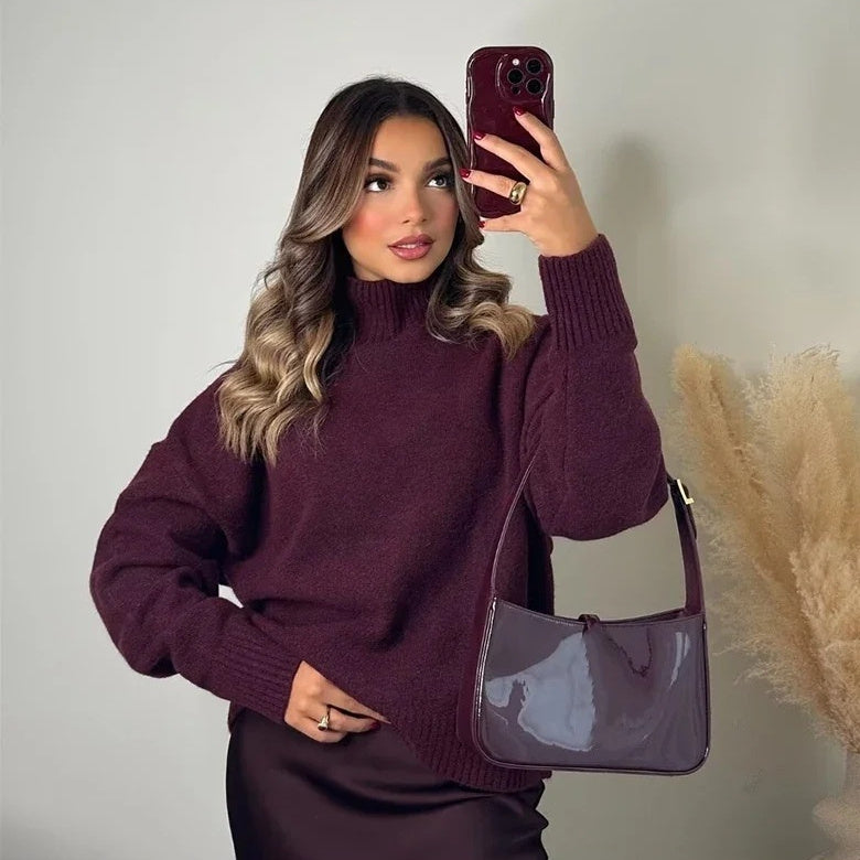 Wine Red Turtleneck Sweater - CELESTIA