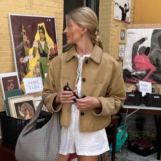 Elegant Khaki Suede Coat - CELESTIA