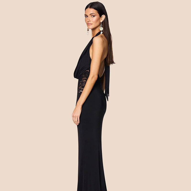 Elegant Deep V Lace-Up Halter Dress - CELESTIA