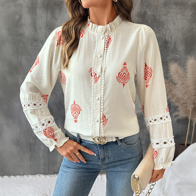 Ethnic Pattern Long Sleeve Blouse - CELESTIA