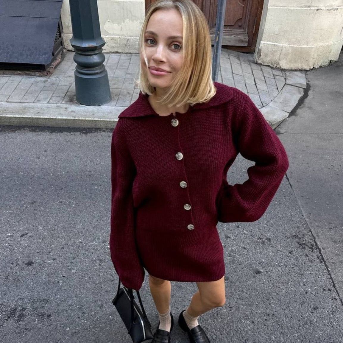 Woolen Polo Collar Skirt Set - CELESTIA