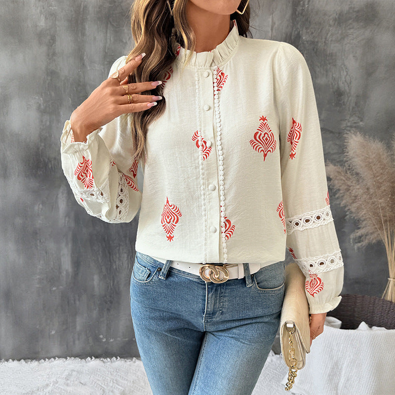 Ethnic Pattern Long Sleeve Blouse - CELESTIA
