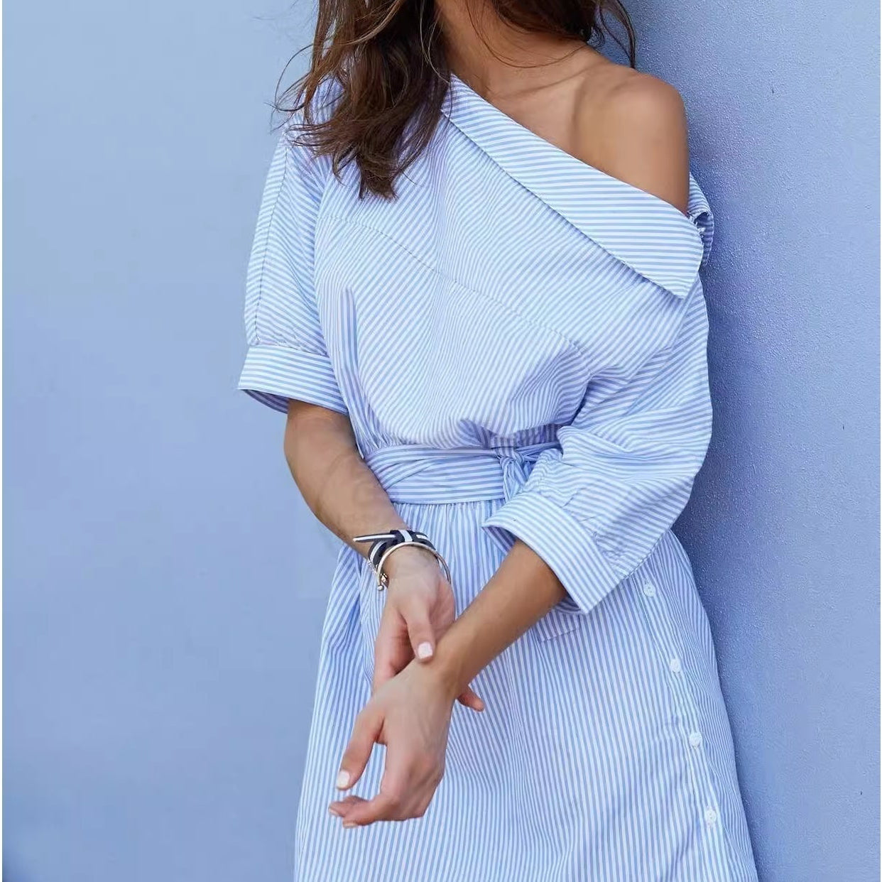 Blue Striped A-Line Dress - CELESTIA