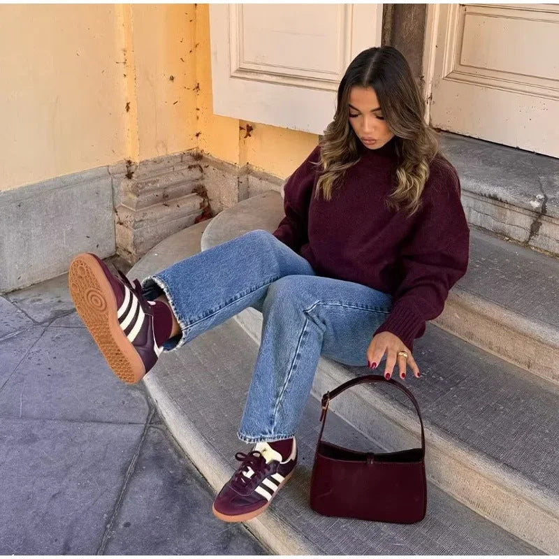 Wine Red Turtleneck Sweater - CELESTIA