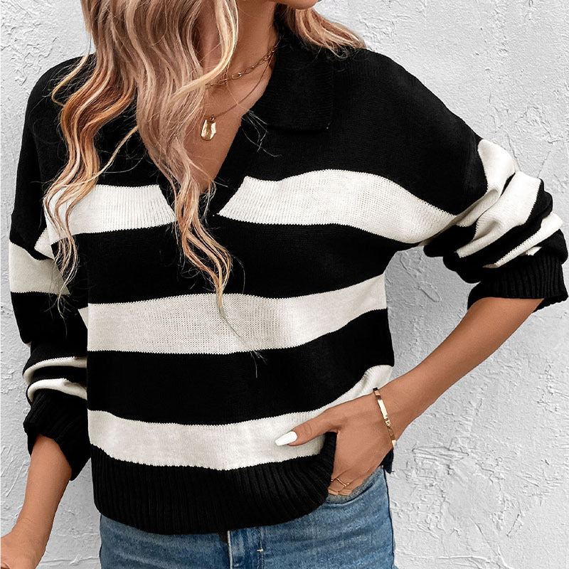 Striped Polo Collar Sweater - CELESTIA