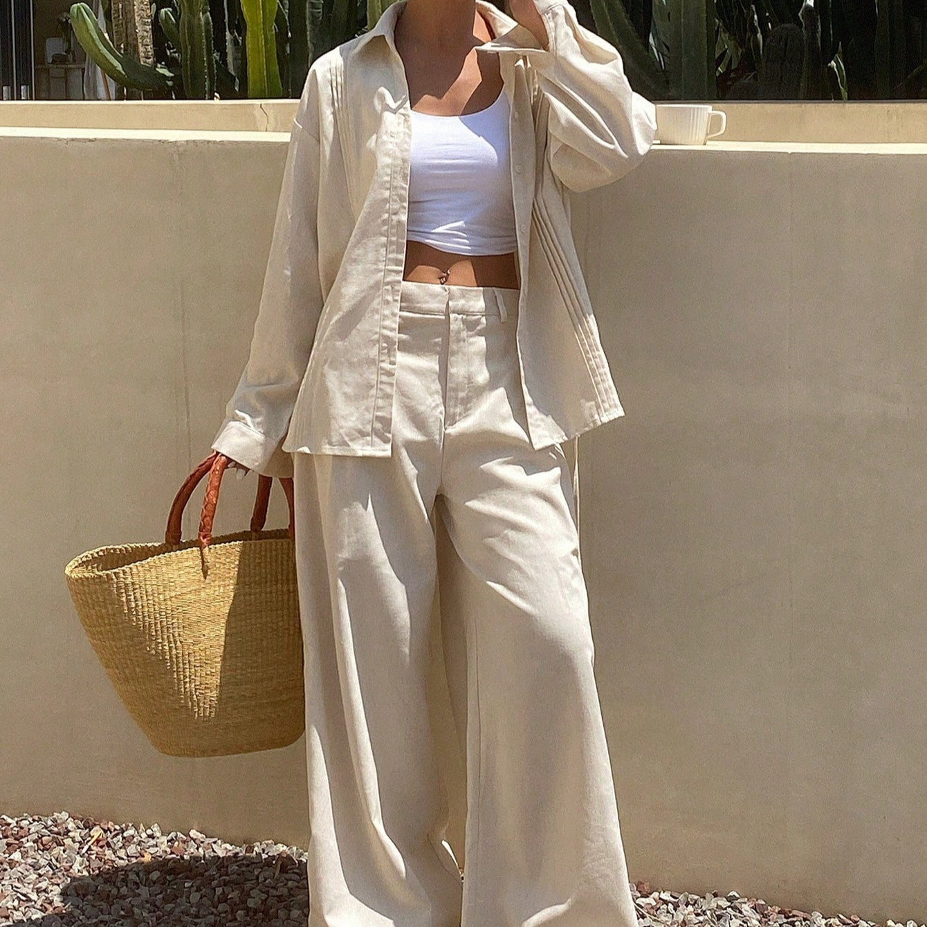 Women's Summer Solid Color Pleated Shirt And Wide Leg Pants - CELESTIA
