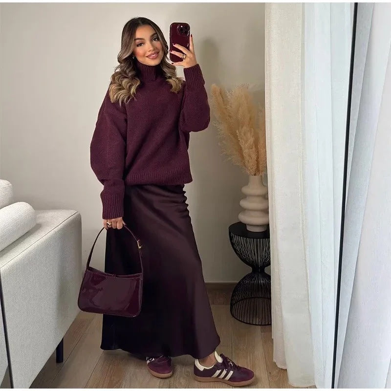 Wine Red Turtleneck Sweater - CELESTIA