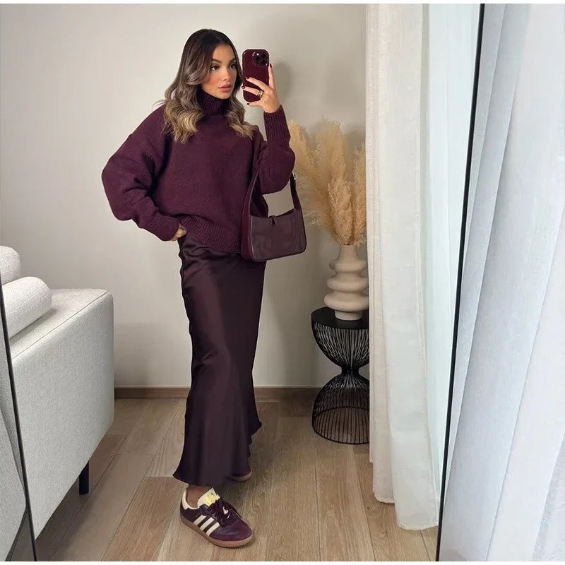 Wine Red Turtleneck Sweater - CELESTIA