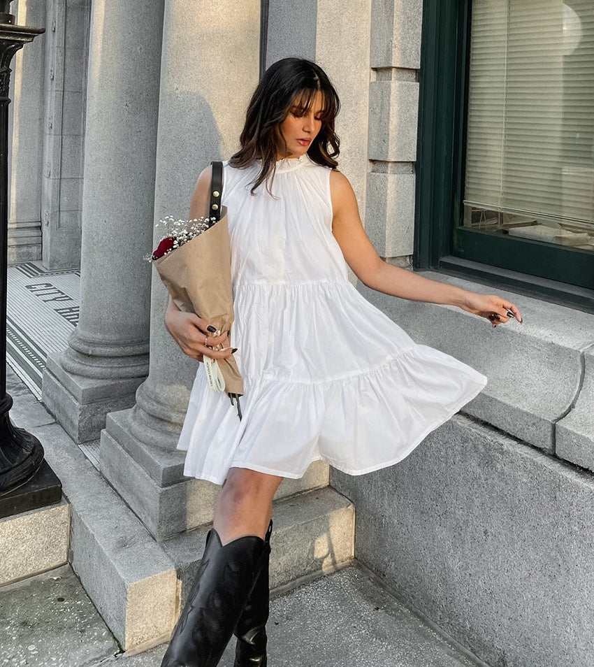 White Sleeveless Bow Tie Dress - CELESTIA