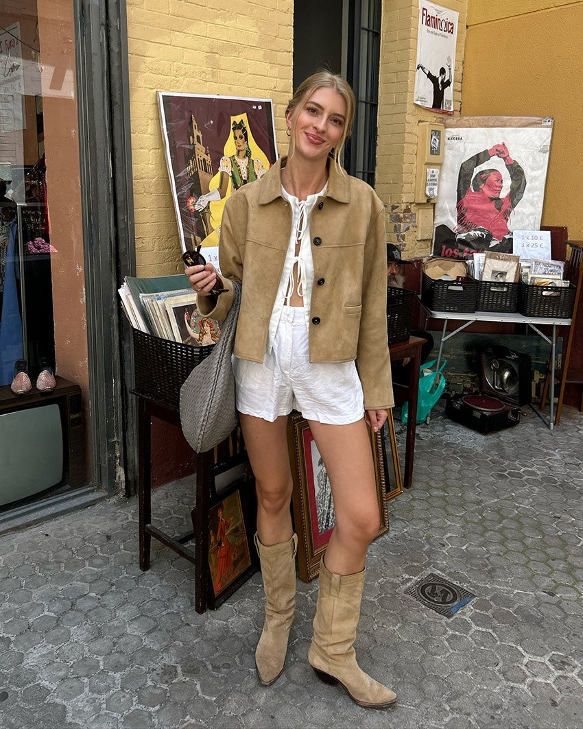 Elegant Khaki Suede Coat - CELESTIA