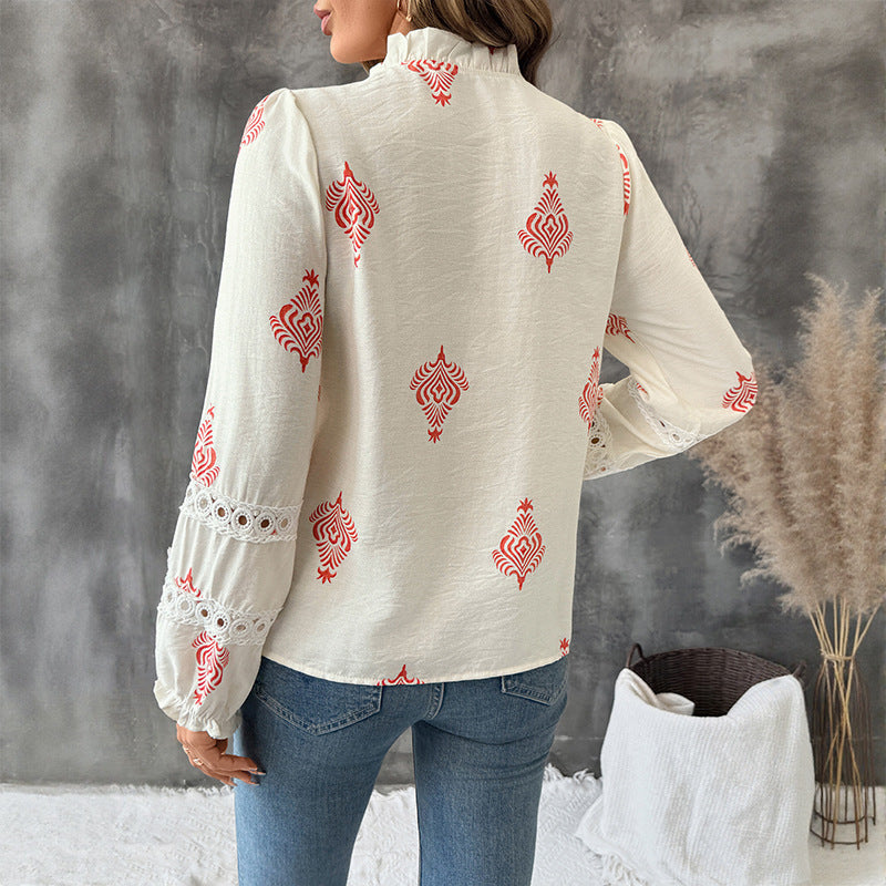 Ethnic Pattern Long Sleeve Blouse - CELESTIA
