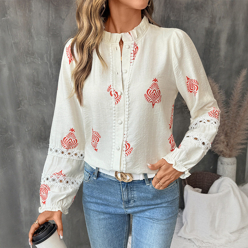 Ethnic Pattern Long Sleeve Blouse - CELESTIA