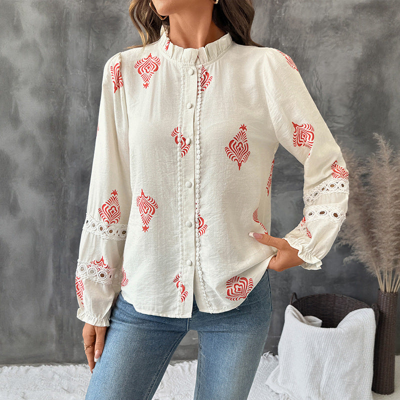 Ethnic Pattern Long Sleeve Blouse - CELESTIA