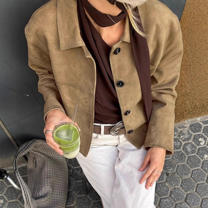 Elegant Khaki Suede Coat - CELESTIA